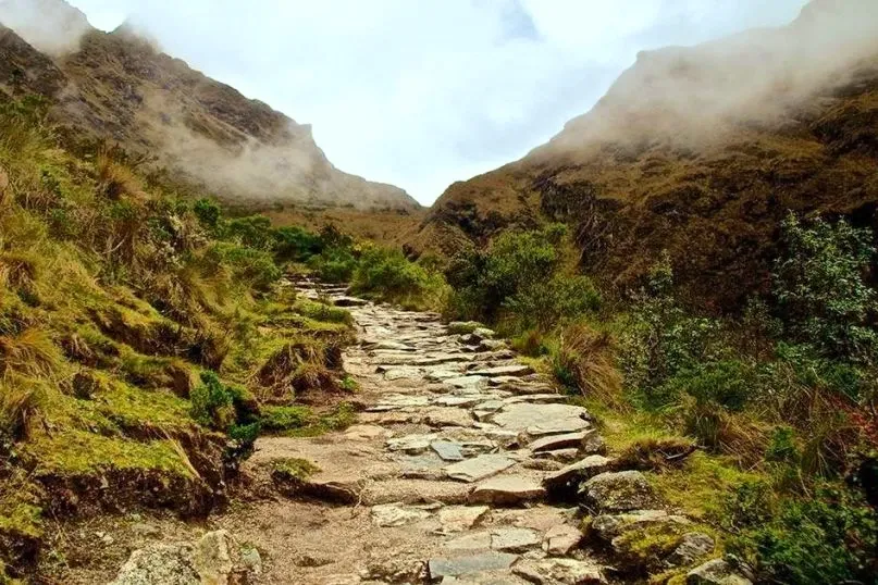 A winding stone trail through the lush green mountains of the Cusco region under a cloudy sky.