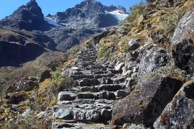 Steep stone steps of the original Inca Trail leading towards snow-capped Andean peaks.