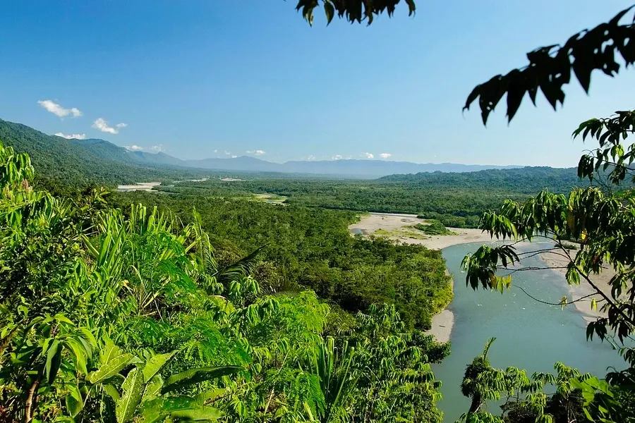 Panoramic aerial view of the winding Manu River flowing through the dense green jungle of Madre de Dios.