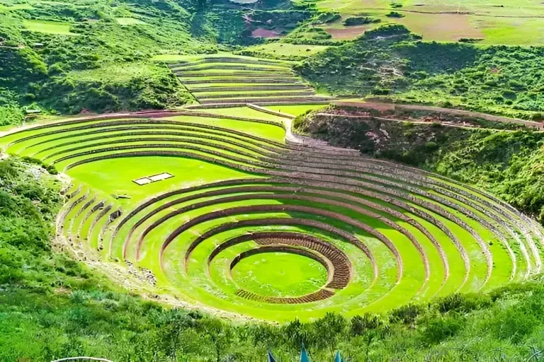 Moray Agricultural Terraces - Sacred Valley of the Incas Aerial view of the deep circular agricultural laboratory terraces in Moray, Sacred Valley.