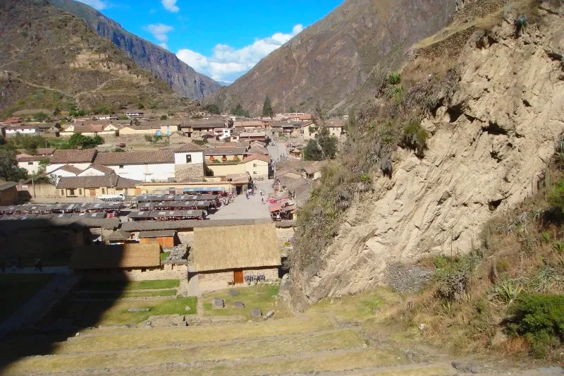 High angle view of the traditional Ollantaytambo village and its market square from the Inca terraces.