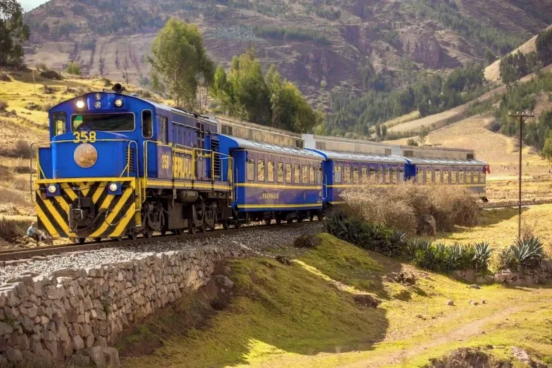 A blue PeruRail Expedition train traveling through the yellow fields of the Sacred Valley toward Machu Picchu.