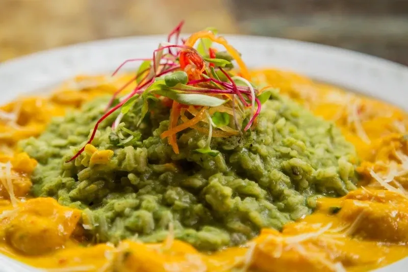 A gourmet plate of green herb-infused rice or risotto topped with microgreens and surrounded by a creamy yellow sauce.