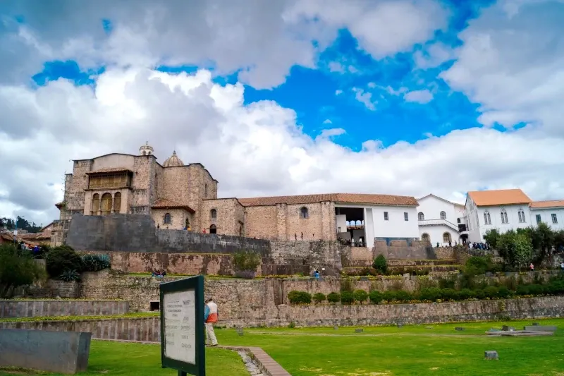 The historic Qorikancha Temple and Santo Domingo Convent in Cusco, showing the blend of Incan stone foundations and colonial architecture.
