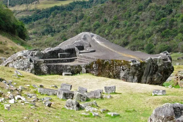 A large sacred carved rock or ritual shrine at the Vilcabamba site, used by the Incas for spiritual ceremonies.
