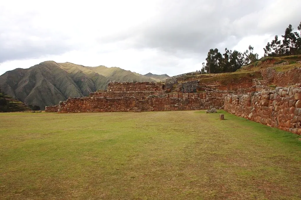 Large agricultural Inca terraces in Chinchero with mountain scenery