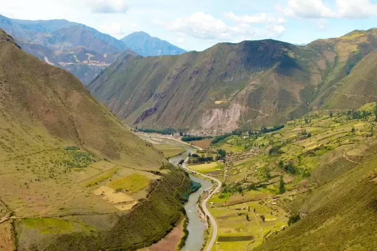 Aerial view of the Vilcanota River flowing through the Sacred Valley of the Incas