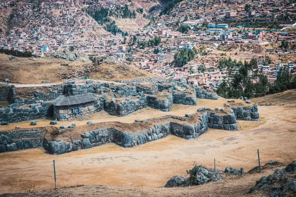 Panoramic view of the Sacsayhuaman fortress ruins overlooking the city of Cusco.