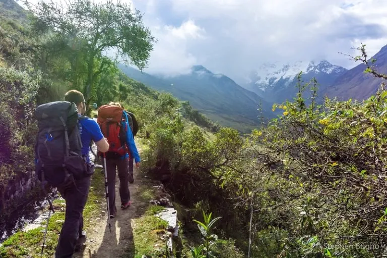 A small group of trekkers with backpacks walking along a narrow dirt path surrounded by green bushes and distant mountains.