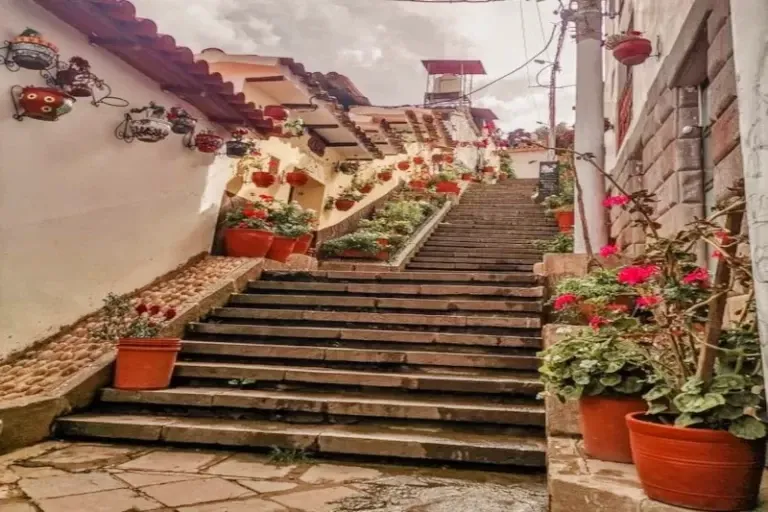 Steep stone staircase in Siete Borreguitos street, Cusco, lined with colorful flower pots and traditional colonial architecture.