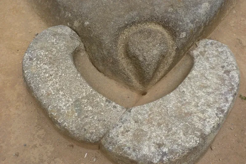 Close-up of the carved stone representing the head and collar of a condor on the ground at Machu Picchu.