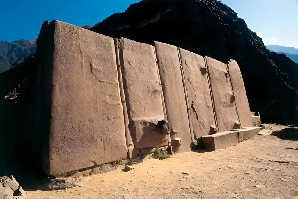 The Six Monoliths of the Temple of the Sun in the Ollantaytambo archaeological site, Sacred Valley.