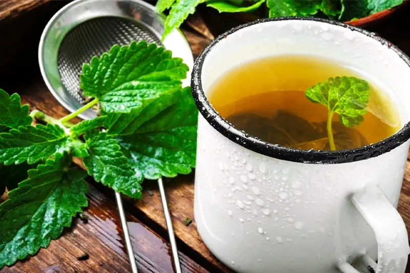 A white rustic mug filled with hot herbal tea and fresh green leaves on a wooden table, used as a remedy for altitude.