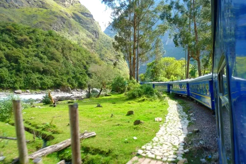View from a train window showing the lush green mountains and the Urubamba river path.