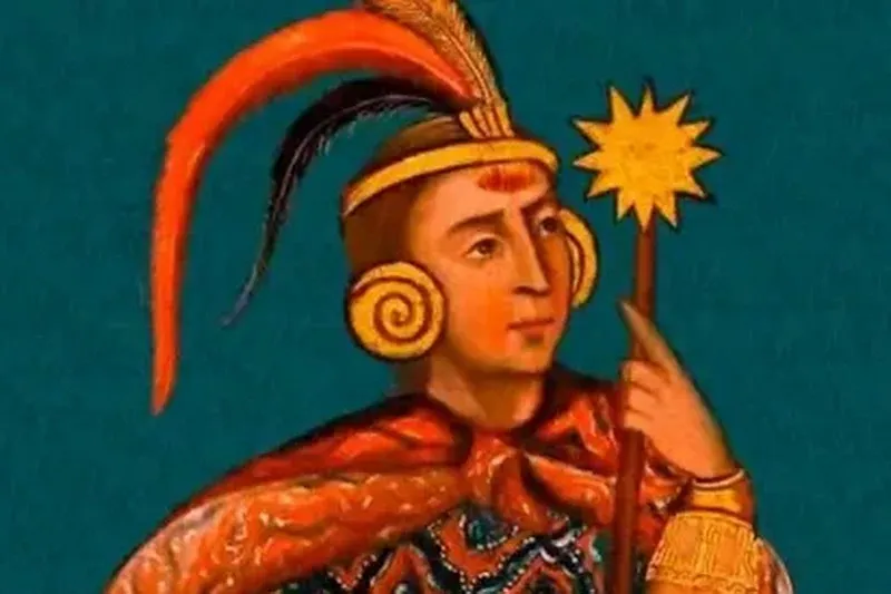 Portrait of Viracocha Inca wearing a golden crown with feathers and holding a sun-topped scepter.