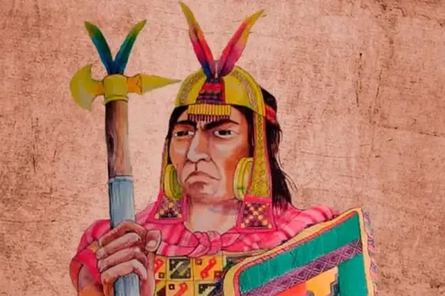 Illustration of Yahuar Huacac, the seventh Inca ruler, holding a traditional golden axe and shield.